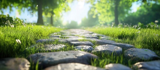 Fototapeta premium Cobblestone Pathway in Sunlit Forest with Lush Greenery and Blurred Background