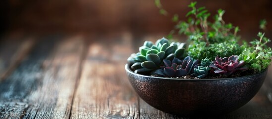 Succulent Plants in Rustic Pot on Wooden Surface with Natural Light and Copy Space