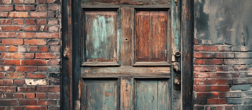 Weathered Wooden Door in Brick Wall Detailed Texture Urban Background