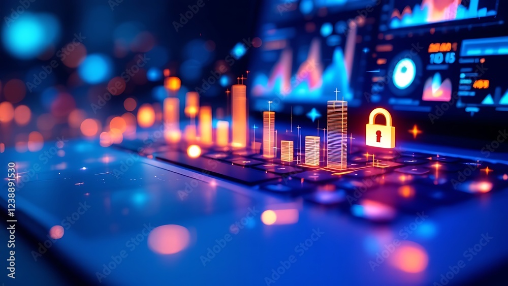 Wall mural financial graphs and charts overlaying a keyboard in a digital interface concept.