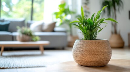 Indoor potted plant in wicker pot on wooden table in modern living room with natural light and blurred background