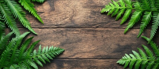 Naklejka premium Green Fern Leaves on Rustic Wooden Background with Ample Copy Space