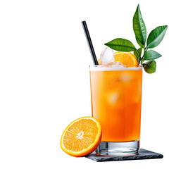 Refreshing orange drink garnished with ice and leaves.