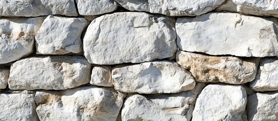 Rough stone wall texture with irregular light gray stones stacked and weathered surface.