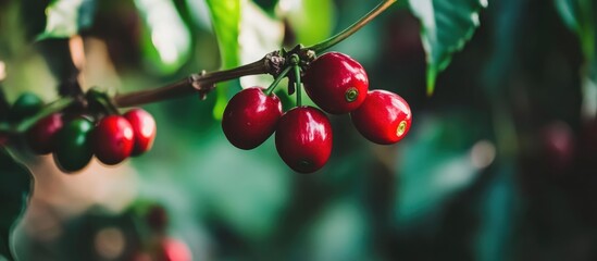 Obraz premium Ripe red coffee cherries on branch with blurred green foliage background