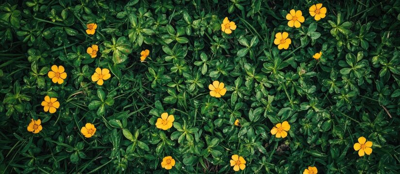Fototapeta Yellow flowers scattered on lush green foliage, top view
