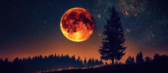 Blood Moon rising over silhouette of pine trees and starry night sky landscape