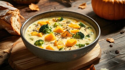 Creamy Pumpkin and Broccoli Soup in Ceramic Bowl with Rustic Bread on Wooden Table