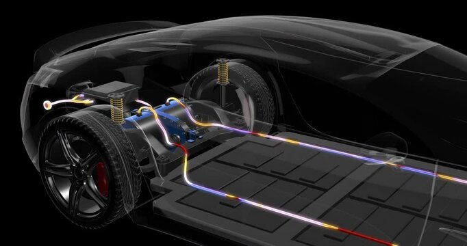 Modern electric vehicle chassis with a wireframe body, displaying all electrical components. Technology related 4K 3D Animation.