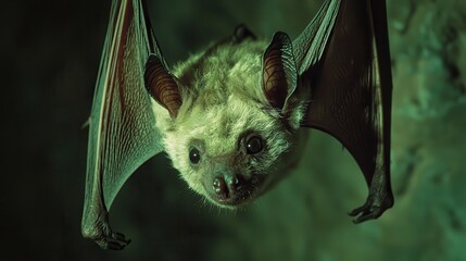 Obraz premium A close-up of a bat hanging upside down in a dimly lit cave, its face partially illuminated. The scene symbolizes the hidden dangers of zoonotic diseases emerging from wildlife 