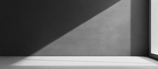 Minimalistic interior with sunlight casting geometric shadow on gray wall and floor Copy Space