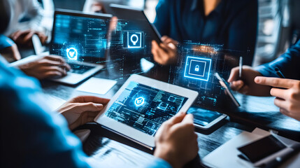 of professionals using tablets and smartphones while an IT specialist monitors security settings on a laptop 