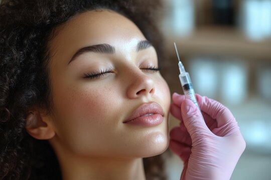 Beautician wearing pink gloves injecting a syringe into the face of a relaxed woman with closed eyes, performing a facial rejuvenation treatment
