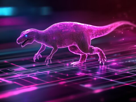 Futuristic dinosaur design in vibrant colors.