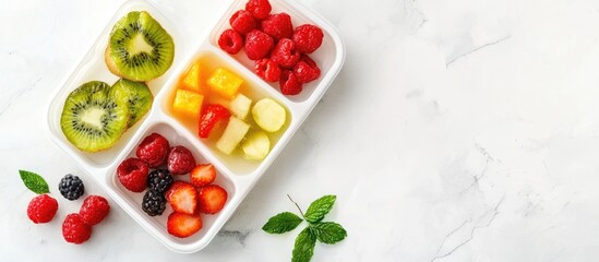 Assorted fresh fruits in a divided white tray on marble background with copy space