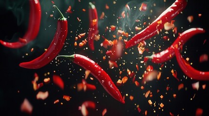 flying red chili peppers with scattered slices suspended in mid-air, dynamic composition, dramatic lighting, vibrant red against dark background, culinary action shot