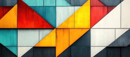 Fototapeta premium Colorful geometric abstract wall mural pattern with triangles and rectangles in red, yellow, teal, and white.