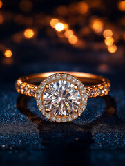 Fototapeta premium Sparkling Halo: A breathtaking close-up of an exquisite diamond ring adorned with a halo of shimmering pearls, set against a backdrop of warm, golden bokeh lights.