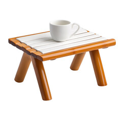 Small wooden table with a cup on top.