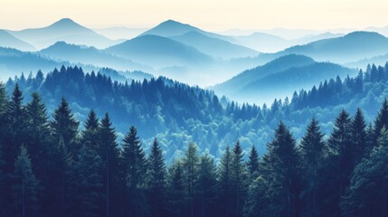 Naklejka premium Blue Mountain Range Landscape with Fog