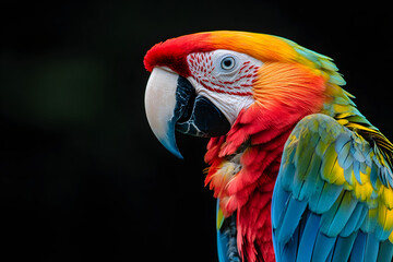 Parrot Close-up, Red Macaw portrait focusing on its detailed colorful feathers, Dark tropical background