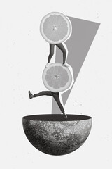 Poster magazine collage of two weird people with citric ripe body doing acrobatics on half round...