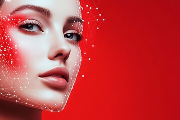 Close-up of a woman's face with digital network lines overlay, set against a vibrant red background, symbolizing technology.