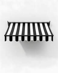 Stylish black and white striped awning adds elegance to the entrance of a cozy shop or cafe