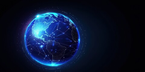 Obraz premium E-commerce solutions and Sustainability in business. Glowing blue planet with glowing connections in a dark space background.