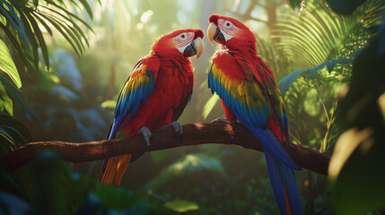 A pair of red parrots sitting on a tree branch.
