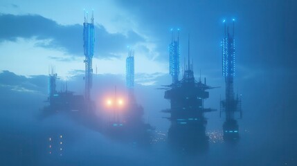 futuristic telecommunications array at twilight, neon-lit 6g antenna piercing through misty clouds, cyberpunk aesthetic with electric blue accents