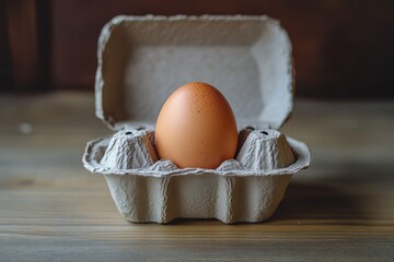 Close-up of a single brown egg resting in an open recycled cardboard egg carton on a wooden surface.