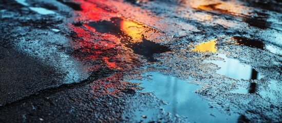 City Street Puddle Reflecting Colorful Neon Lights at Night