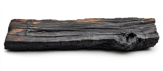 Close-up of a piece of charred burnt wood log isolated on white background