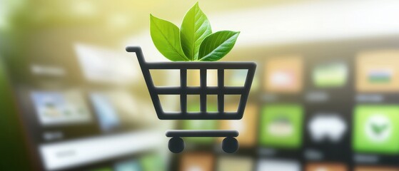 E-commerce solutions and Sustainability in business. Shopping cart icon with green leaves, symbolizing eco-friendly purchases.