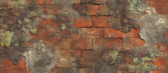 Aged red brick wall with moss and cracks texture background