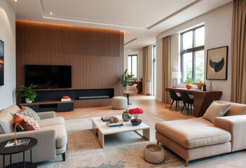 Fototapeta premium Diseño de sala de estar elegante con tonos neutros y algunos toques de color 