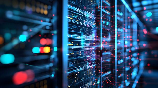 of a server room with a digital overlay of mobile device management data and network connections  - Powered by Adobe