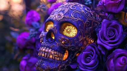 Naklejka premium gothic sugar skull adorned with intricate art nouveau roses and gold filigree patterns, illuminated by ethereal purple backlighting