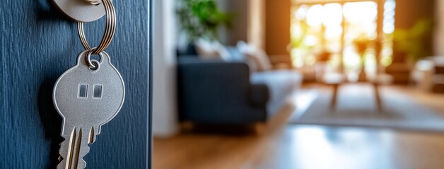 New Home Keys: A close-up shot of a key in a door lock, with a blurred but inviting interior visible in the background, suggesting a new beginning, homeownership, and fresh start.