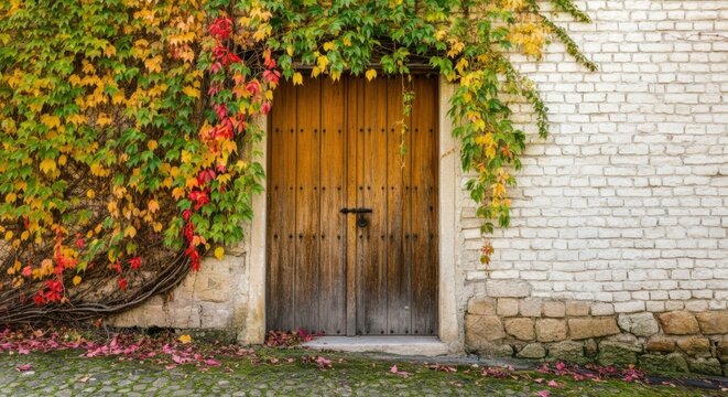 Wooden door with autumn vines on brick wall