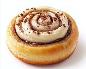 A realistic photo of a  cinnamon roll topped with glossy cream cheese icing , sprinkle of cinnamon powder. Glossy cream cinnamon roll. Photo of cinnamon roll. Isolated on white background. 
