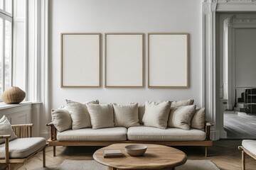 Fototapeta premium Three blank frames above beige sofa in minimalist living room.