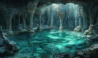 Naklejka premium Enchanted Underground Lake: A Crystal Cave's Serene Mystery