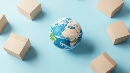 E-commerce solutions and Sustainability in business. A globe surrounded by cardboard boxes on a blue background symbolizes global shipping and logistics.