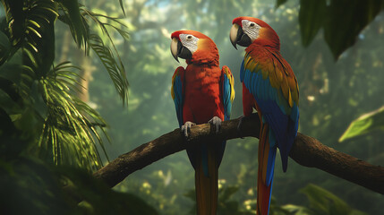 A pair of red parrots sitting on a tree branch.