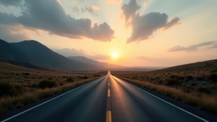 Fototapeta premium A Long and Winding Road Through the Desert at Sunrise with Golden Light on Arid Landscape