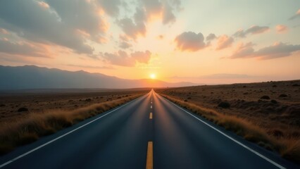 Naklejka premium Long road at sunset with clear blue sky and golden hour on the horizon in the distance