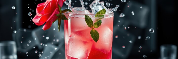 Refreshing rose and mint cocktail served with ice and a splash of water in an elegant setting