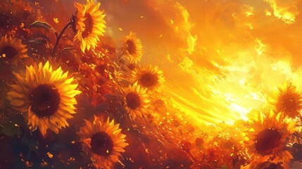 hyperrealistic digital painting of vibrant yellow sunflowers at sunset, extreme detail in petals and seeds, golden hour lighting with atmospheric depth
